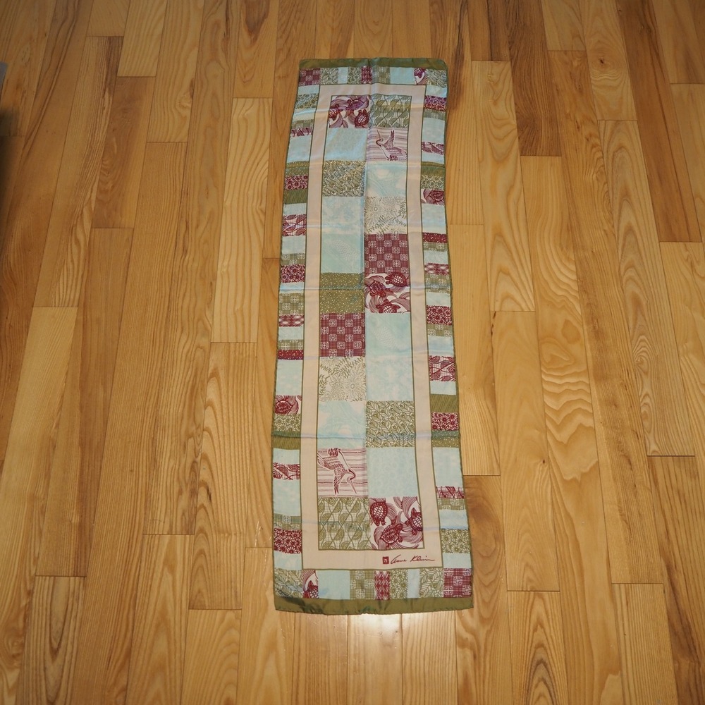 Vintage Anne Klein 100% Silk Rectangle Patchwork Scarf Crane Floral 12 x 44